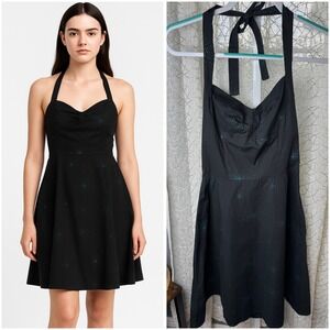 Y2K Vintage Morbid Threads Halter Dress – Black Starburst Print Goth Emo Scene-M